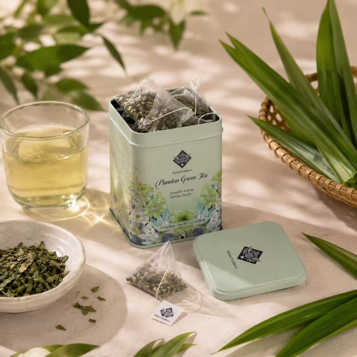 Shine Tea Meet Pandan Green Tea in a floral tin box